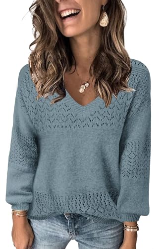 FEKOAFE Womens 2025 Trendy Sweater Peace Blue V-Neck Hollow Out