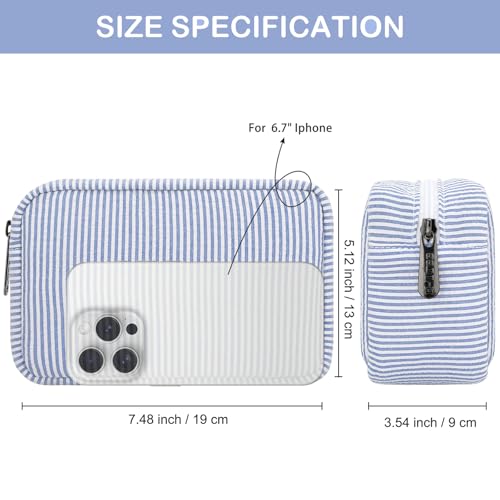 E-Tree Cute Makeup Bag,Zipper Make up Pouch for Purse,Toiletry Skincare Cosmetic Brush Case for Women Man,Personal Items Storage Organizer,Travel Size Essentials Accessories (Blue Stripe)2