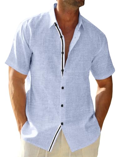 Runcati Mens Linen Button Down Shirt Short Sleeve Casual Lightwei...