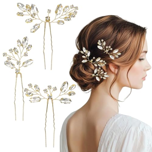 3 piezas de accesorios para el cabello de boda para mujer, horquillas de novia con cristales y diamantes de imitación, accesorios para el cabello de dama de honor para mujeres y niñas (dorado)