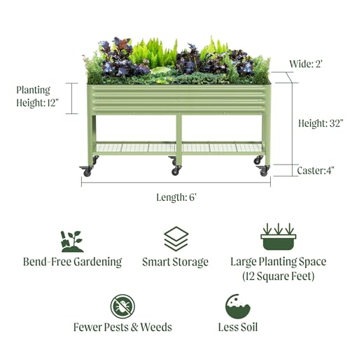 Image of Rolling Elevated Raised Garden Bed-V Series, 2' x 6' Garden Beds with Legs & Storage Rack for Patio & Porch, 1000 Lbs Weight Capacity, Outdoor Planter Box for Vegetables Flower Herbs, Pearl White