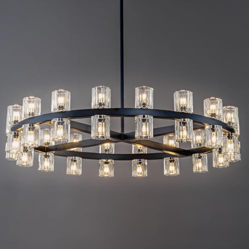 Image of Modern Black Crystal Chandelier,36 inch K9 Crystal Chandeliers for Dining Room Over Table,Wagon Wheel Chandeliers for Dining Room,Living Room,Foyer,Includes 36XG4 Bulbs