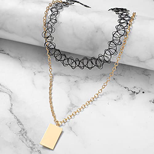 Image of Yellow Chimes Necklace For Women Black Spiraled Choker necklace With Long Gold Tone Chain Rectangular Charm Hanging Necklace For Women and Girls