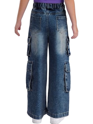 FEESHOW Kids Girls Straight Cargo Jeans Elastic Waist Wide Leg Pants Casual Denim Trousers with Flap Pockets2