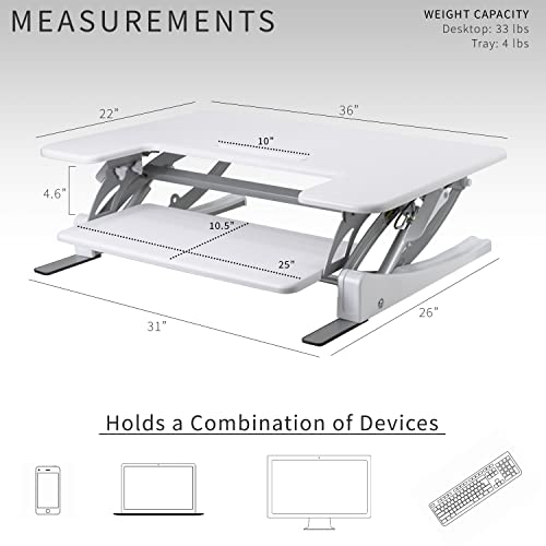 Image of VIVO White 36 inch Standing Desk Converter, DESK-V000VW | Height Adjustable, Stand Up Desk Riser, Wide Keyboard Tray, Dual Monitor and Laptop Workstation, V Series