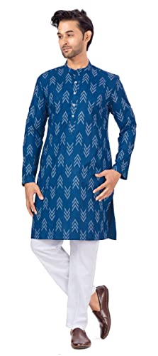 Image of Studio Shringaar Men's Cotton Blend Relaxed Fit Ikat Printed Knee Length Kurta