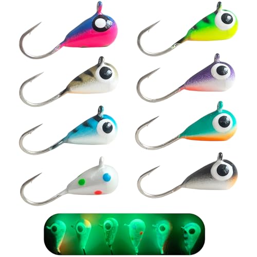 FISHCORNER 8pcs Tungsten Ice Fishing Jigs Set Sensitive Tear Drop Ice Fishing Jig Head Glow in Dark Ice Fishing Lures for Panfish Crappie Bluegill Walleye 4mm