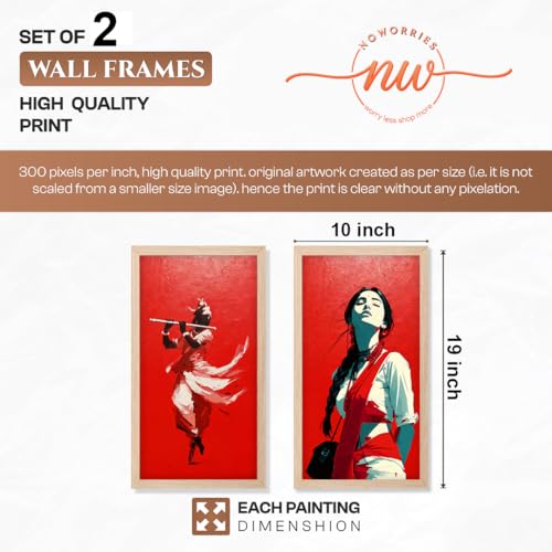 Image of NoWorries Traditional Wall Art Frames Set of 2 | Indian Art Wall Decor, Krishna Flute and Traditional Woman Painting, HD Printed Framed Posters for Living Room, Bedroom, Office and Home Decoration (Frame Size-10x19inch)