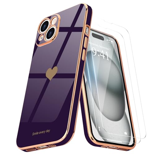 Teageo for iPhone 15 Plus Case with 2 Screen Protector Heart Pattern for Women Girls Luxury Bling Plating Soft TPU Anti-Scratch Shockproof Bumper Phone Case for iPhone 15 Plus
