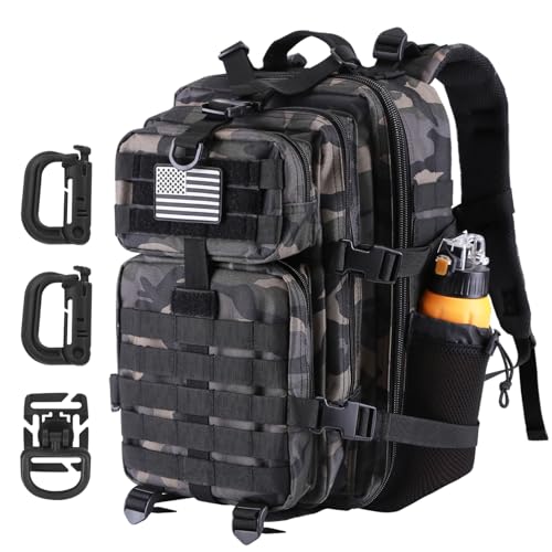 Hannibal Tactical 30L MOLLE Assault Pack, Tactical Backpack Military Army Camping Rucksack with Bottle Holder, 3-Day Pack, Black Camo