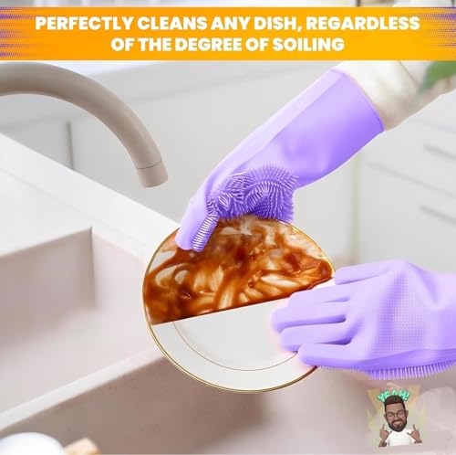 Image of Gloves Magic Silicone Dish Washing Gloves, Silicon Cleaning Gloves, Silicon Hand Gloves for Kitchen Dishwashing and Pet Grooming, Great for Washing Dish, Car, Bathroom (Multicolour, 1 Pair)
