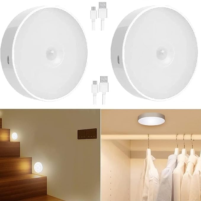 Etekcity Motion Sensor Light 2PCS with USB Charging Wireless Self Adhesive LED Body Induction Lamp Sensor Light for Wardrobe Lights with Sensor Night Light for Cupboard Stairs