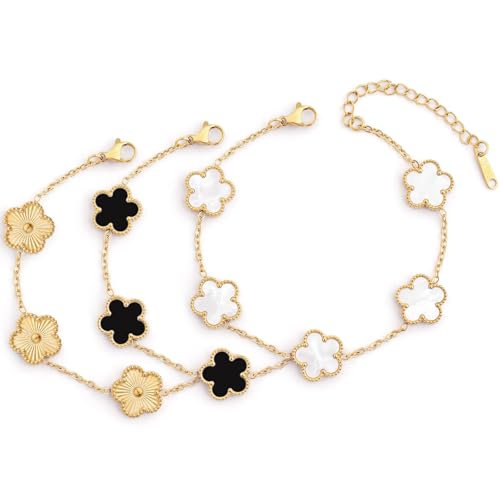 DEVOKE Kleeblatt Armband Glücksarmband Damen Schmuck 18K Vergoldet Vierblättriges Armband Wasserfest Gold Charm Jewelry Geschenke Geburtstag für Mädchen Frauen Freundin (Schwarz + Weiß + Gold)