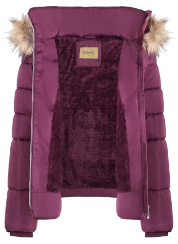 BodiLove Women's Puffer Jacket with Removable Faux Fur Hood and Zipper Burgundy L4