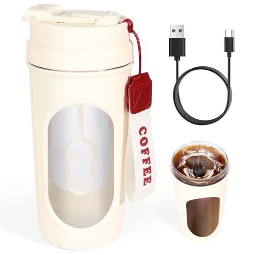 Yirochan Vaso agitador automático (440 ml) – Taza de café recargable por USB con asa de transporte, coctelera para café, té, leche y cacao – Ideal para el hogar, oficina, viajes y deportes (blanco)