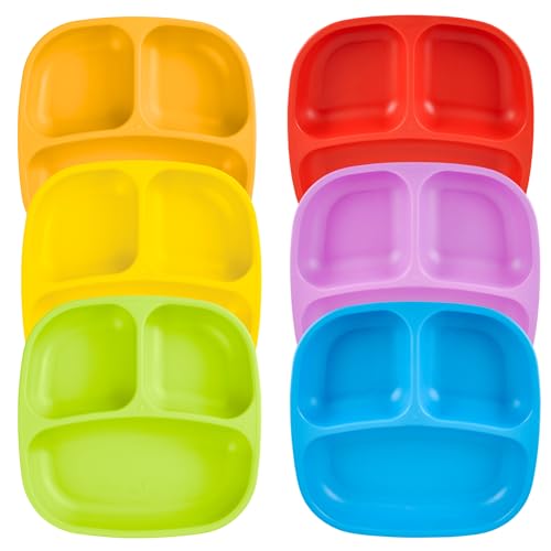 Image of Re-Play Toddler Plates with Dividers - Deep-Walled 3 Compartments Divided Plates for Kids - Dishwasher & Microwave Safe - Made in USA - Set of 6-7.37" x 7.37" x 1.25" - Crayon Box