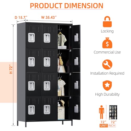 Image of Aobabo 12 Doors Metal Storage Locker for Employees, Storage Locker with 12 Hooks for Garage School Office Gym, Black, Assembly Required