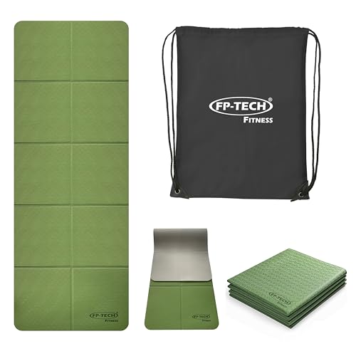 FP-TECH TAPPETINO DA YOGA IMBOTTITO ANTISCIVOLO FITNESS PILATES GINNASTICA IN TPE MAT CON SACCA 183 X 68 X 0.6 CM (Verde-Grigio-PIEGHEVOLE)