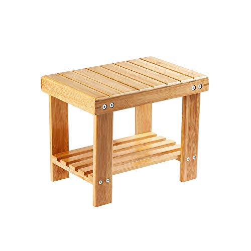 Bamboo Small Seat Stool for Kids, Foot Rest Shaving Stool,Storage Shelf, Durable Lightweight