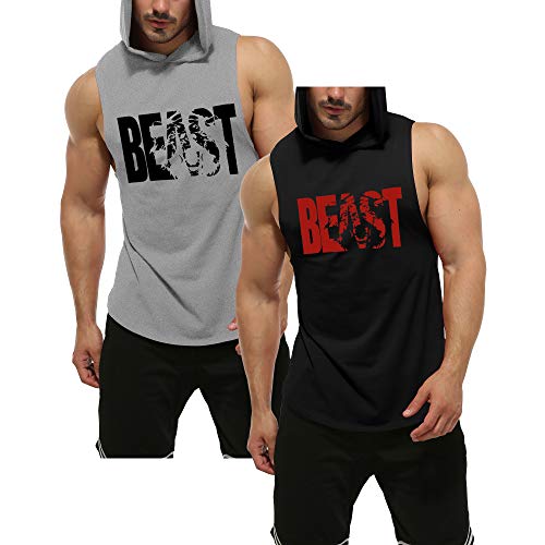 GYM REVOLUTION Men's 2 Pack Beast Workout Sleeveless Shirts Muscle Hooded Tank Gym Fitness Quick Dry Sleeveless Hoodies Black Printed Red & Gray L
