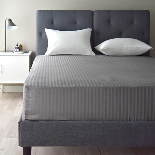 ボックスシーツ シングル 40マチ 日本製 綿100% サテンストライプ 高密度生地315本 防ダニ ベッドシーツ ベッドカバー 高級ホテル おしゃれ 北欧 エトワール (シルバーグレー, シングル40cmマチ)