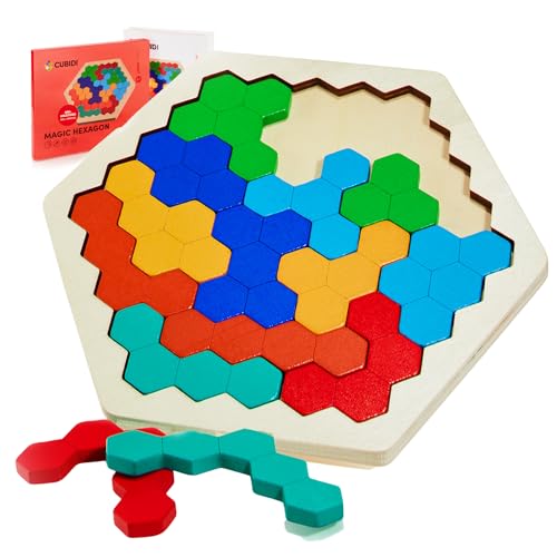 CUBIDI® Kreatives Montessori Tangram Hexagon | Fördert logisches Denken und räumliche Vorstellungskraft | Geschicklichkeitsspiel aus hochwertigem Holz | Lernspiele ab 4 Jahre für Jungen und Mädchen