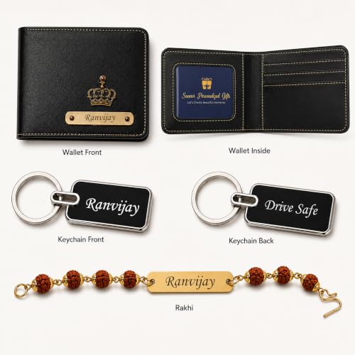 Image of SAVRI Rakshabandhan Gift for Brother | Customized Men's Leather Wallet with Name & Charm, Personalized Metal Keychain & Customized Rudraksha Rakhi with Name | Rakhi Gift for Brother
