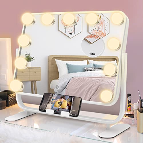 Self-importance Mirror with 11 LED Lights Hollywood Lighted Make-up Mirror, 3 Coloration Lighting Modes, Removable 10X Magnification Mirror, Sensible Contact Management, Plug in Gentle Up Mirror (White)
