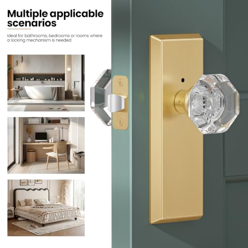 Image of Antique Crystal Privacy Door Knobs Interior with Lock, Brushed Gold