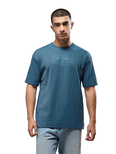 Image of TECHNOSPORT Men Printed Oversized Round Neck T-Shirt with COTFLEX, Dry Fit Sports Tee, Oversized Activewear T-Shirt for Gym, Running, Sports & Casual Wear