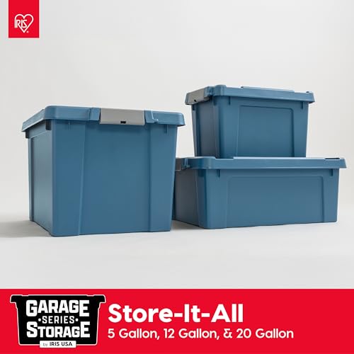 Image of IRIS USA 12 Gallon Eco-Friendly Lockable Storage Bins with Lids, 4 Pack - Made in USA, Heavy Duty, Stackable Containers, Garage Organizing Bins Moving Tubs, Rugged Sturdy Equipment Utility Box - Navy