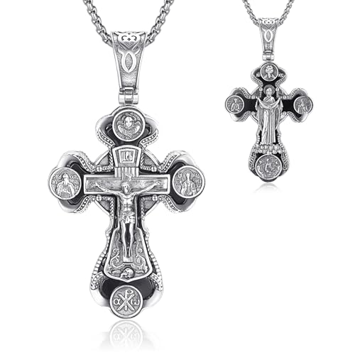 Orthodox Cross Necklace, 925 Sterling Silver Crucifix Cross for Men Women Black Onyx Jesus & Virgin Mary Cross Pendant Necklaces Christian Religious Jewelry Gift