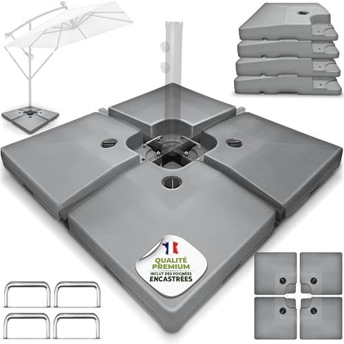 tillvex® Lestage & Dalles Carrées pour Parasol Déporté – Pied de Parasol 90 litres / 120 kg, 4 Pièces avec Connecteur Métallique | Base Remplissable...