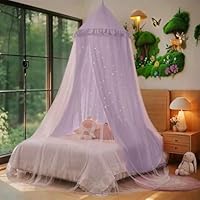 Eimilaly Princess Bed Canopy for Girls, Double Layer Canopy with Cutout Stars, Breathable Dream Canopy & Washable Purple Fabric, Fits Twin/Full Bed - Fairy Bed Tent for Kids Room Decor, Purple