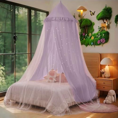 Eimilaly Prinzessin Bett Doppelte Lage Baldachin mit Cutout Sternen, atmungsaktiv & waschbarer Stoff, passt Twin/voll - Fairy Bett Zelt für Kinderzimmer Dekoration, violett