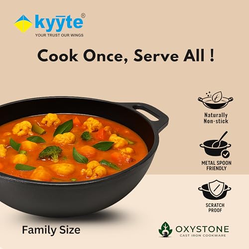 Image of kyyte OxyStone Pre-Seasoned Cast Iron Kadhai with 2 Loop Handle 26 cm Dia,3 Liter Capacity,Naturally Nonstick Cast Iron Kadai, 100% Pure and Toxin-Free,No Chemical Coating,Gas,Induction,OTG Friendly.