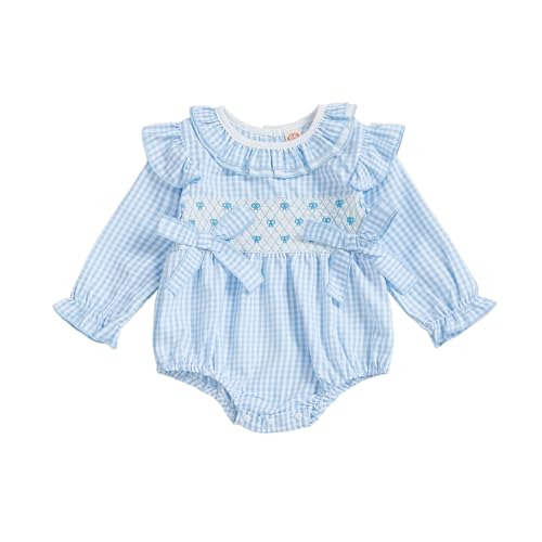 Newborn Baby Girl Fall Outfit Floral Bow Smocked Bubble Romper Doll Collar Ruffle Long Sleeve Plaid Bodysuit Clothes