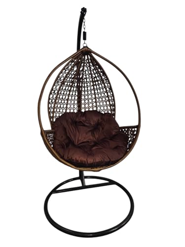 Image of Hindoro Rattan Wicker Wrought Iron Single Seater Swing Chair with Stand & Cushion & Hook Outdoor || Indoor || Balcony || Garden || Patio || Living Outdoor Furniture (Golden, Oval)