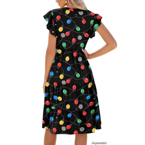 Image of Womens Summer Dress Ruffle Sleeve V Neck Dress Casual Fit Flowy Beach Vacation Sundress with Pocket S-2XL