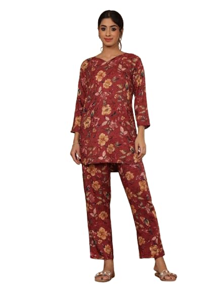 Women Wine Floral Foil Printed Co-Ord Set-image-5