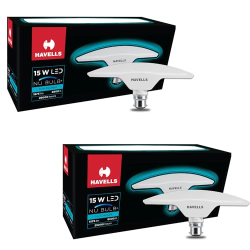 Image of Havells T Shape NU Bulb 15W B22 Base|14% Wider Light Spread|100 Lumens per watt|Inbuilt 4.0KV Surge Protection| 320 degree Rotation for Multiple Applications (6500K,Cool day Light) - Pack of 2