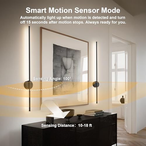 Image of KARTOOSH Black Battery Operated Wall Sconce Set of Two with Motion Sensor | Rechargeable Wireless Wall Lights with Remote Control, Dimmable, 3000K /4000K /6000K, Timer for Living Room, Hallway,39.3 Inch