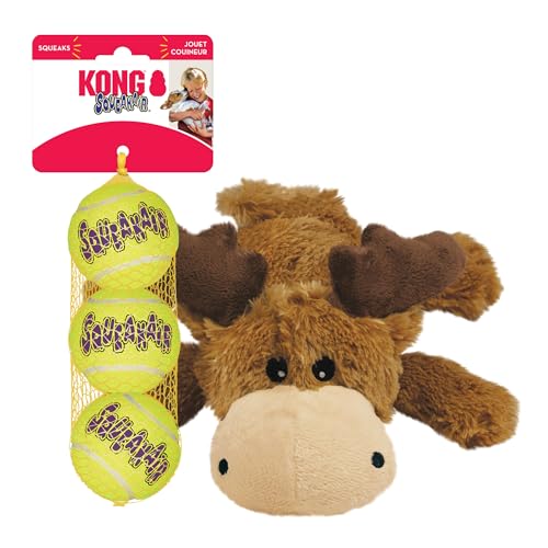 KONG Cozie Marvin Moose & SqueakAir Balls (3 Pack) - Dog Fetch & Chew Toys for Fun - Soft Toy Moose for Indoor Play - Durable Dog Toy Balls for Outdoor Play - for Small Dogs
