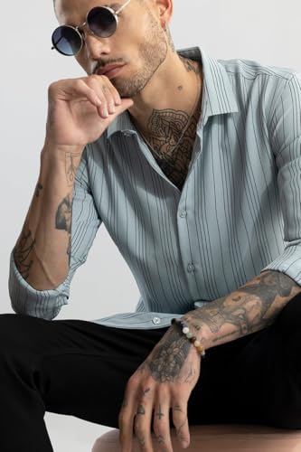 Image of SNITCH Men Casual Shirt | Slim Fit Full Sleeve Spread Collar Vertical Stripe Design | Premium Rayon Blend & Textured Fabric for College & Everyday Wear