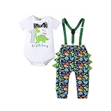 vivifayee Baby Boy 1st Birthday Dinosaur Outfit Short Sleeve Bow Tie Romper Long Pants Set Suspender