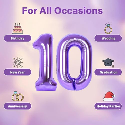 Image of Number Balloons for Birthday Decorations - 40 Inch Large Party Balloons 10, Purple Foil Number Balloons for Boys Girls, Balloons for Party Supplies