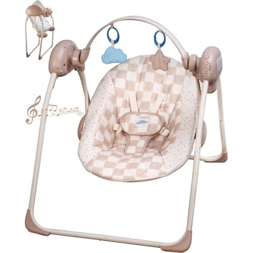 Baby Swings for Infants, Tiny Marvels Portable Swing with Adaptable Speed, Music, Removable-Toy-Bar, Foldable Infant Swing for Indoor and Outdoor Use, 0-9 Months 6-20 lbs(Sander Checker)
