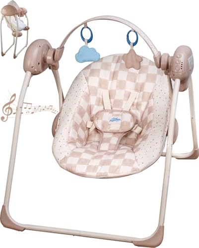 Image of Baby Swings for Infants, Tiny Marvels Portable Swing with Adaptable Speed, Music, Removable-Toy-Bar, Foldable Infant Swing for Indoor and Outdoor Use, 0-9 Months 6-20 lbs(Sander Checker)