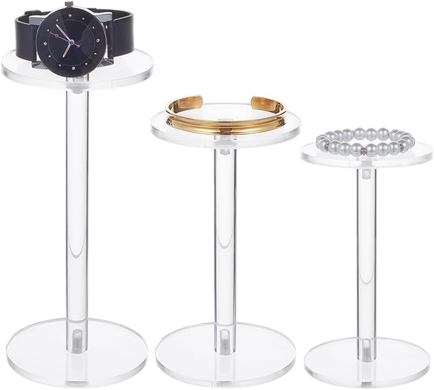 Nbeads 3 unidades redondo barbell pedestal acrílico, 3 tamaños claros en forma de T, soportes para reloj, collar, pulsera y fotografía