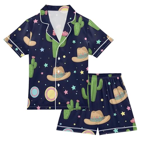 Satin Pajama Sets Short Sleeve Cactus Cowboy Hats Stars Button Down Silky Nightwear 2 Piece PJS 5-14Y